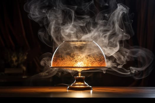 Vintage lamp with a lampshade on a table in clouds of steam.