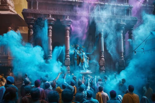 Devotees celebrate Holi with a blast of blue powder in front of an ornate temple, a scene steeped in devotion and vibrant festivity. The dynamic hues of blue create a mesmerizing cloud, highlighting the spiritual joy of the occasion