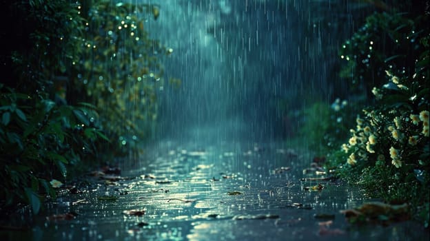 A picture of a person is walking through the rain in front of flowers