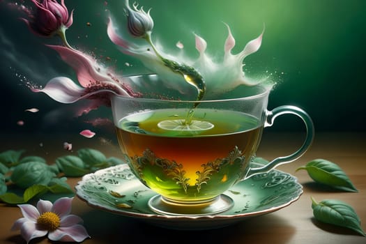 herbal flower tea in a glass cup with flowers. AI generated image.
