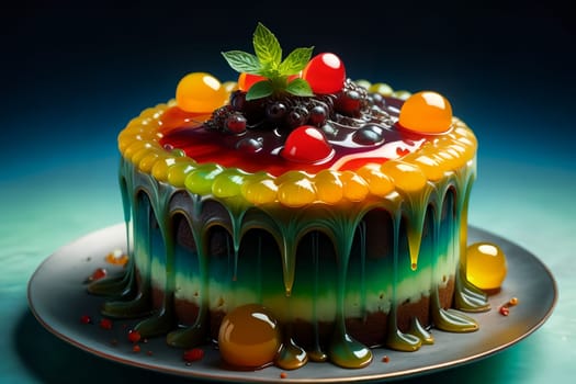 fruit cake with syrup, cream and fruits on a green background. AI generated image.