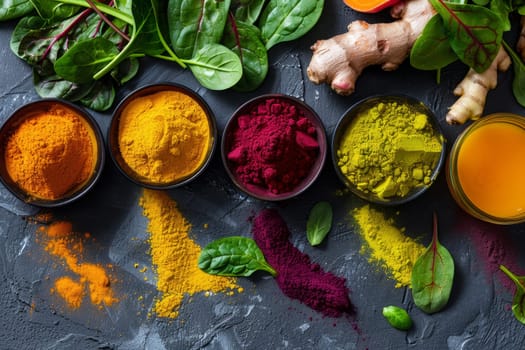 A rustic collection of vibrant natural ingredients including turmeric and ginger, artfully displayed on a dark wooden surface. The assortment is a feast for the eyes, highlighting the beauty of superfoods