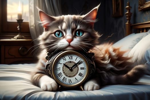 The cat lies in bed with an alarm clock, does not want to get up. AI generated image.