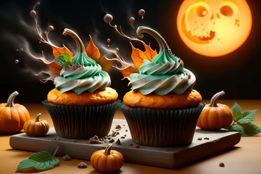 pumpkin cream cupcake decorated for Halloween. AI generated image.