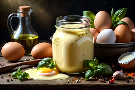 Homemade mayonnaise in a glass jar with eggs and spices on a wooden background . AI generated image.
