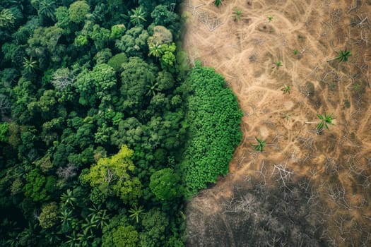 Aerial view capturing the alarming contrast between a lush green forest and a barren deforested area. The image underscores the urgent environmental issue
