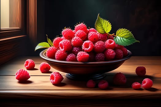 fresh raspberries on a wooden table . AI generated image.