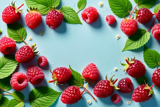 fresh raspberries on a blue background . AI generated image.