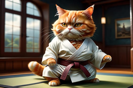 A fat cat in a T-shirt is doing sports in the gym .AI generated image.