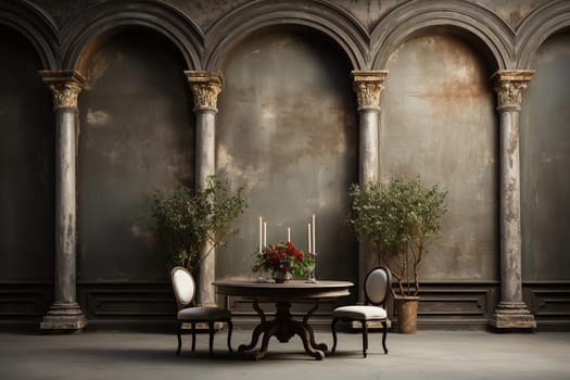 Table for two in a restaurant with vintage antique luxury style. High hall with columns.