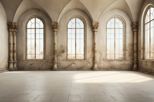 A spacious hall with large windows and shabby walls in an ancient building.