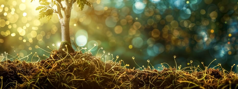 Magical bokeh lights behind a young tree surrounded by moss and fern