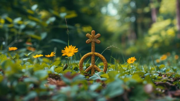 A peace sign made out of a cookie sitting in the grass