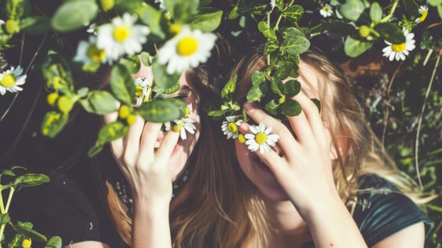 Two women are covering their eyes with flowers and leaves