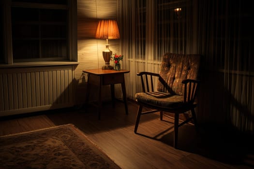 Two vintage chairs in an empty dark room in the rays of light.