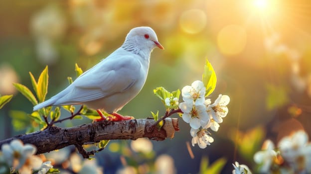 A white bird perched on a branch with flowers in the background