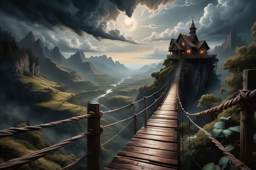 wooden bridge over an abyss in the mountains . AI generated image.