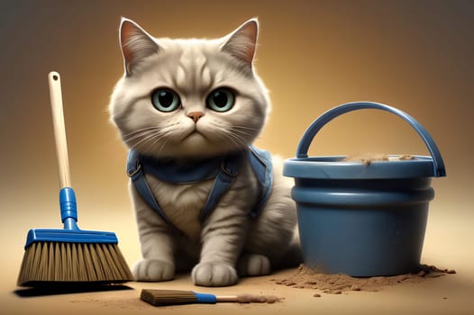 fat cat with a broom isolated on a brown background AI generated image.