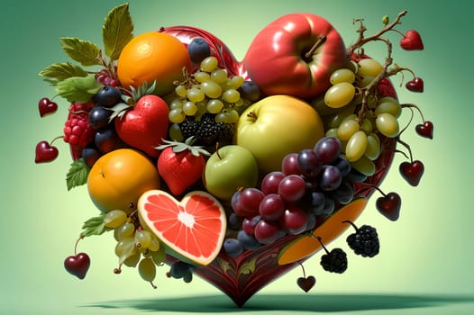 many different mix of fruits in the shape of a heart. AI generated image.