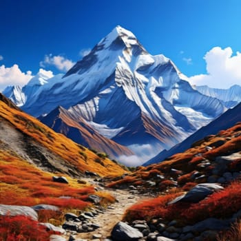 Scenic Nepal mountain road winding through majestic peaks in background. Various contexts such as art galleries, nature themed publications, educational materials on geography, inspirational posters