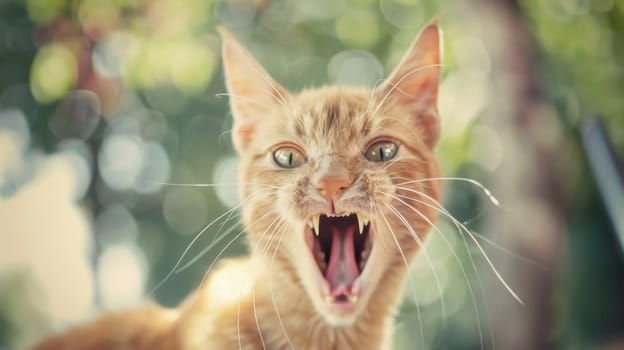 A close up of a cat with its mouth open and teeth bared