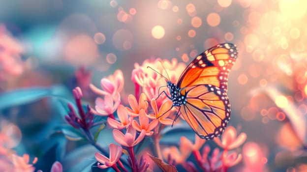 A butterfly sitting on a flower with lots of light