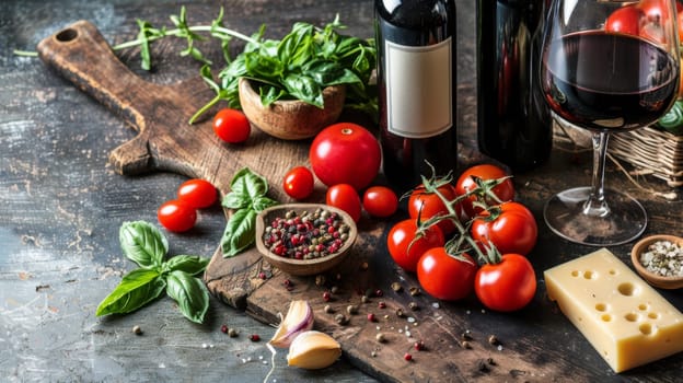 A table with a bottle of wine, cheese and tomatoes