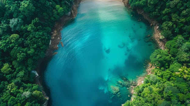 A view of a beautiful blue lake surrounded by lush green trees