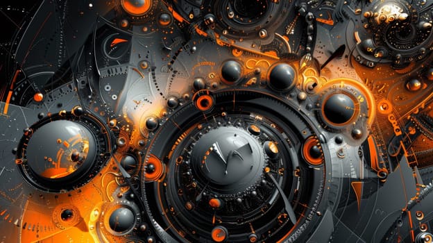 A digital art of a clock with many different colors and shapes