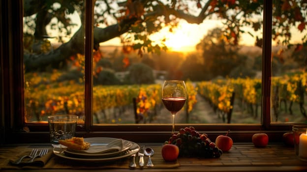 A table with a glass of wine and some food on it