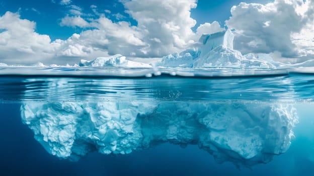 A large iceberg floating in the water with clouds above