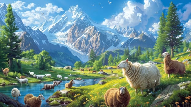 A painting of a mountain scene with sheep and other animals