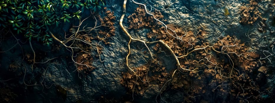 Overhead view of intricate roots weaving across a richly textured surface