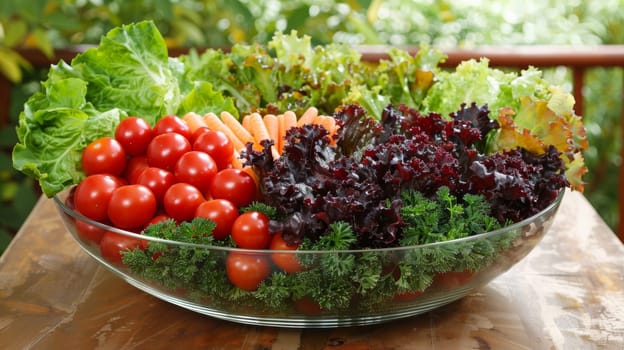 A bowl of fresh vegetables are arranged in a glass dish