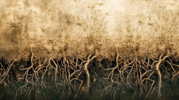 Artistic depiction of intricate old tree roots on a textured vintage backdrop