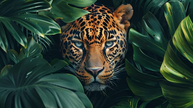 A leopard hiding in the leaves of a jungle plant