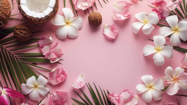 A pink background with coconut, flowers and palm leaves