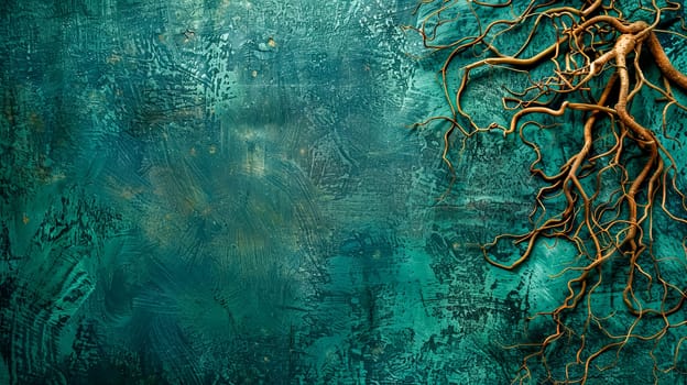 Artistic representation of copper-like tree branches sprawling across a rough turquoise surface