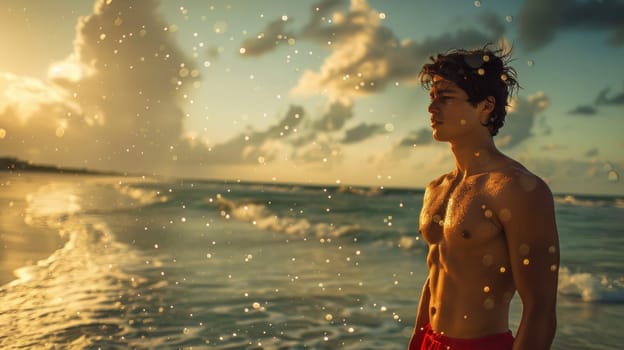 A man standing on the beach with a red swimsuit
