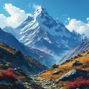 Scenic Nepal mountain road winding through majestic peaks in background. Decorative piece in home, offices to evoke sense of tranquility, natural beauty. Printed on merchandise like tshirt, mug, logo