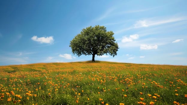 A lone tree in a field of flowers with blue sky