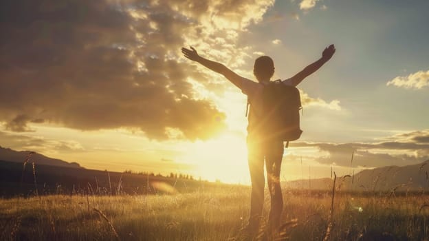 A person with a backpack standing in the middle of grassy field