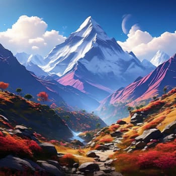 Scenic Nepal mountain road winding through majestic peaks in background. Various contexts such as art galleries, nature themed publications, educational materials on geography, inspirational posters