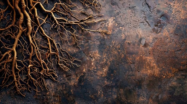 Detailed view of tree roots sprawling across a textured, rusty surface