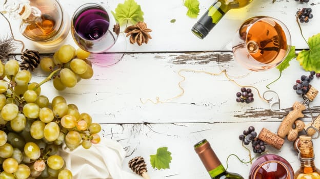 A table with wine bottles and grapes on it