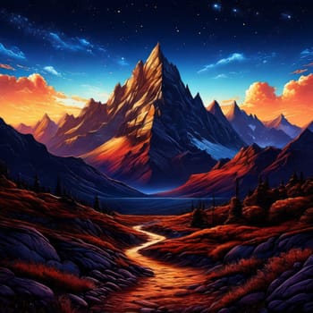 Serene painting capturing majesty of mountains, trees silhouetted against vibrant sunset. For meditation, mindfulness materials. Interior decor in spaces aiming for peaceful ambiance, natural beauty