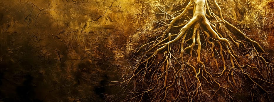Detailed view of ancient tree roots sprawling across a parched, cracked soil background
