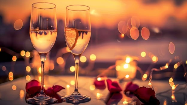 Two glasses of champagne with a slice of lemon on the table