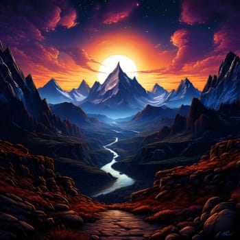Serene painting capturing majesty of Nepal mountains, trees silhouetted against vibrant sunset. Wall art for home decor, especially in room with calming ambiance, travel brochures, print, logo
