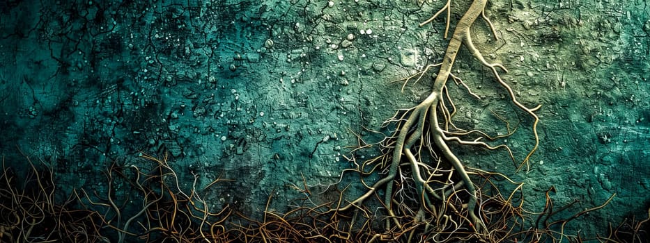 Striking contrast of intricate tree roots sprawling over an abstract blue textured background